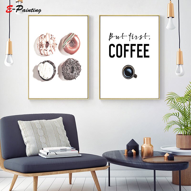Modern But First Coffee Tea Cake Print Donut Kitchen Wall Art Signs Decor Dessert Canvas Painting Poster