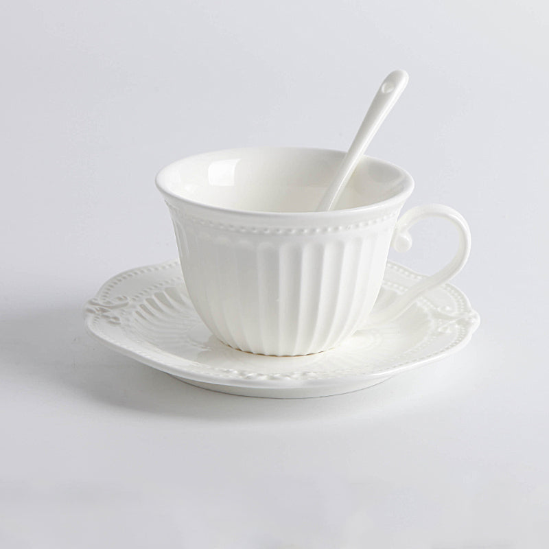3D Rilievo Lace European Style Handmade Ceramic Coffee Cup & Saucer with Spoon Bone
