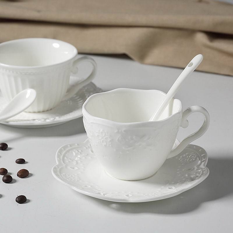 3D Rilievo Lace European Style Handmade Ceramic Coffee Cup & Saucer with Spoon Bone
