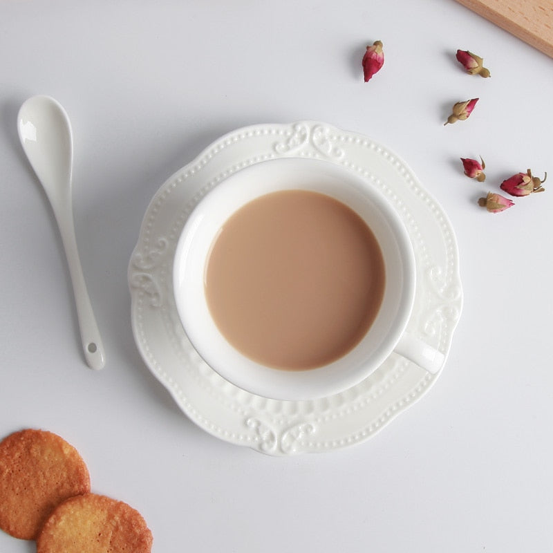 3D Rilievo Lace European Style Handmade Ceramic Coffee Cup & Saucer with Spoon Bone