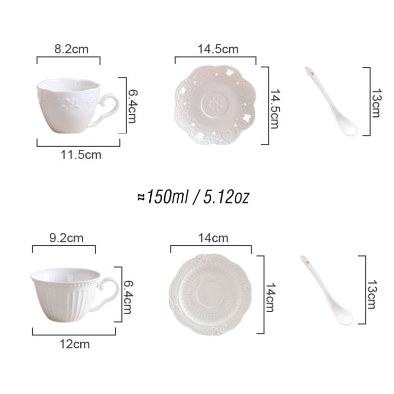 3D Rilievo Lace European Style Handmade Ceramic Coffee Cup & Saucer with Spoon Bone