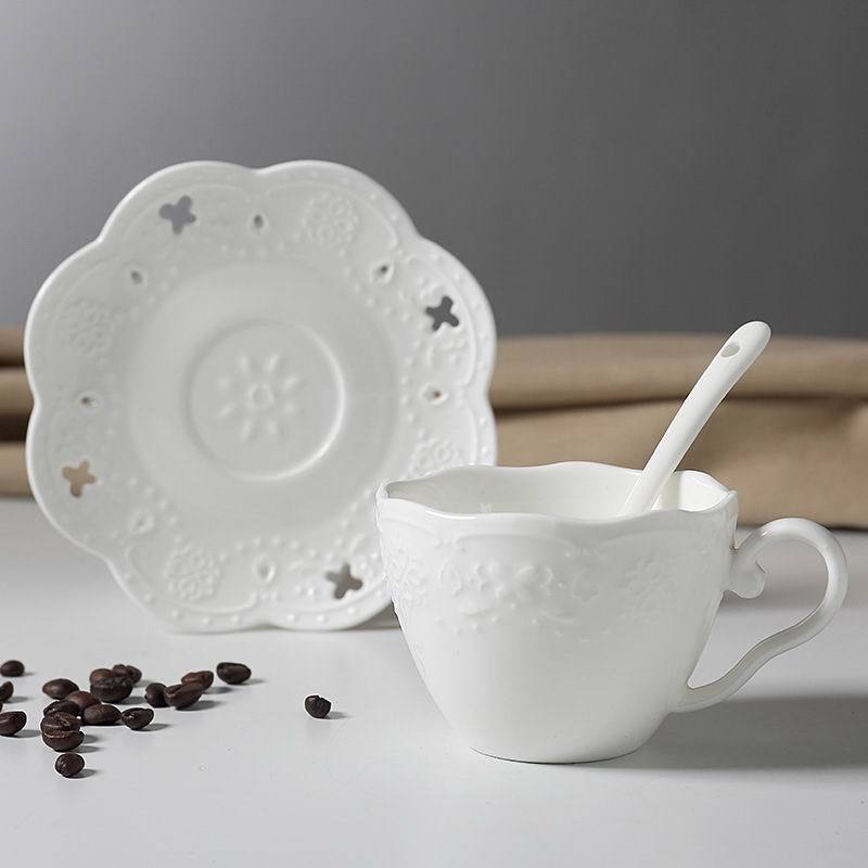 3D Rilievo Lace European Style Handmade Ceramic Coffee Cup & Saucer with Spoon Bone