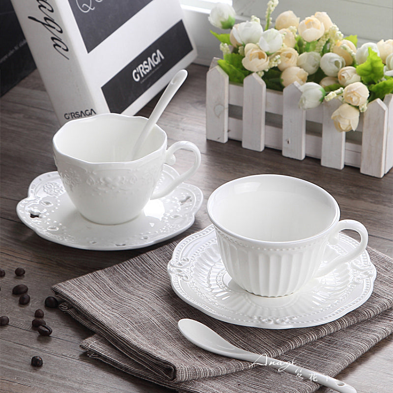 3D Rilievo Lace European Style Handmade Ceramic Coffee Cup & Saucer with Spoon Bone