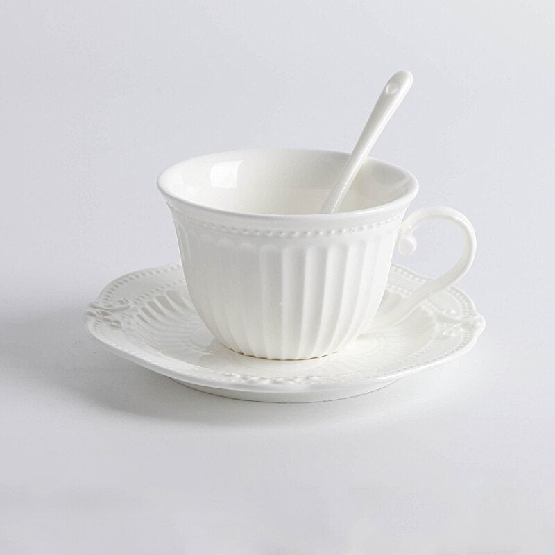 3D Rilievo Lace European Style Handmade Ceramic Coffee Cup & Saucer with Spoon Bone