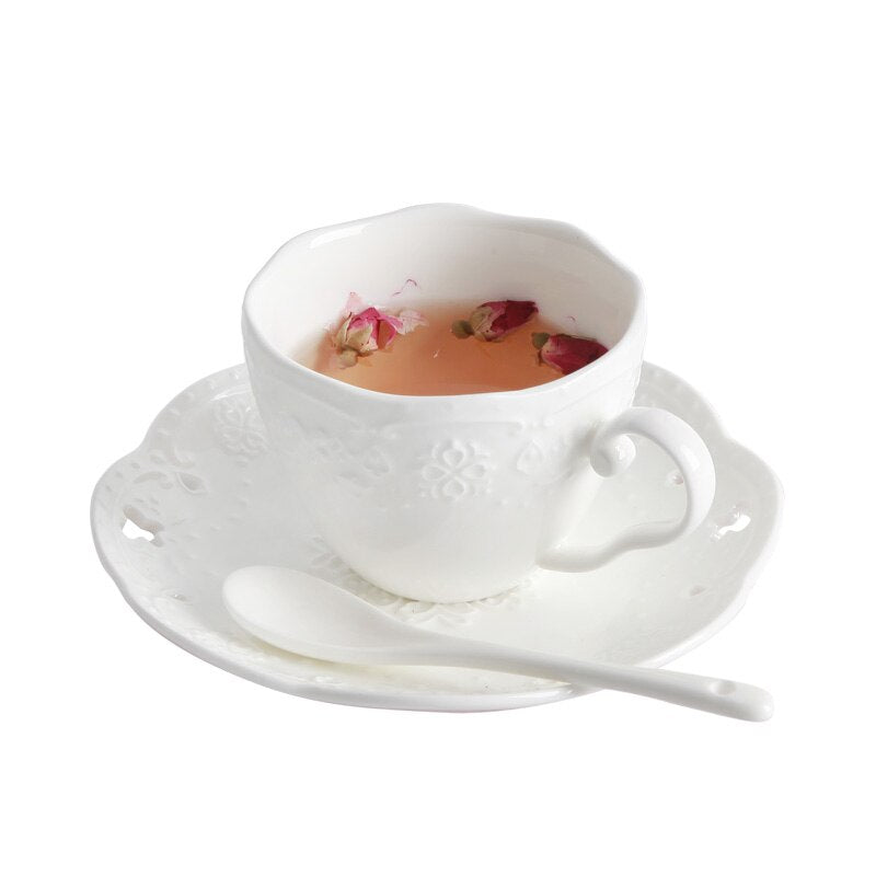 3D Rilievo Lace European Style Handmade Ceramic Coffee Cup & Saucer with Spoon Bone