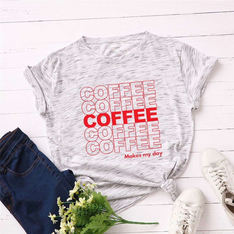 Plus Size S-5XL New Coffee Letter Print T Shirt Women 100% Cotton O Neck Short Sleeve Summer TShirt