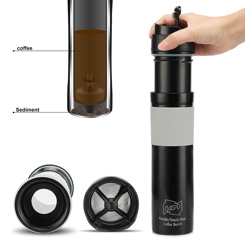 Portable French Press Coffe Bottle Plastic Outdoor Vacuum Coffee Plunger Filter Coffee Cup Travel