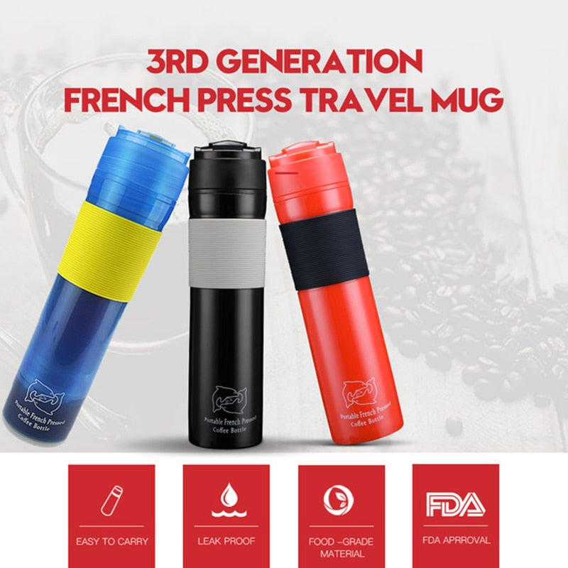 Portable French Press Coffe Bottle Plastic Outdoor Vacuum Coffee Plunger Filter Coffee Cup Travel