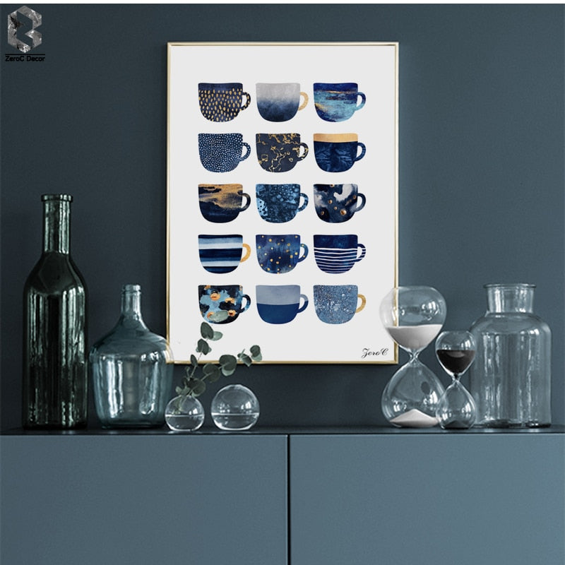 Pretty Blue Coffee Cups Posters And Prints Wall Art Canvas Painting Wall Pictures For Living Room