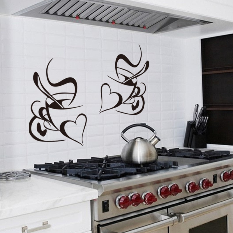 Retro Double love coffee cup wall sticker vinyl decals Restaurant Kitchen removable wall Stickers DIY