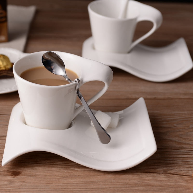 Creative wavy ceramic fancy coffee cup and saucer set European small luxury set 90ml/130ml/200ml