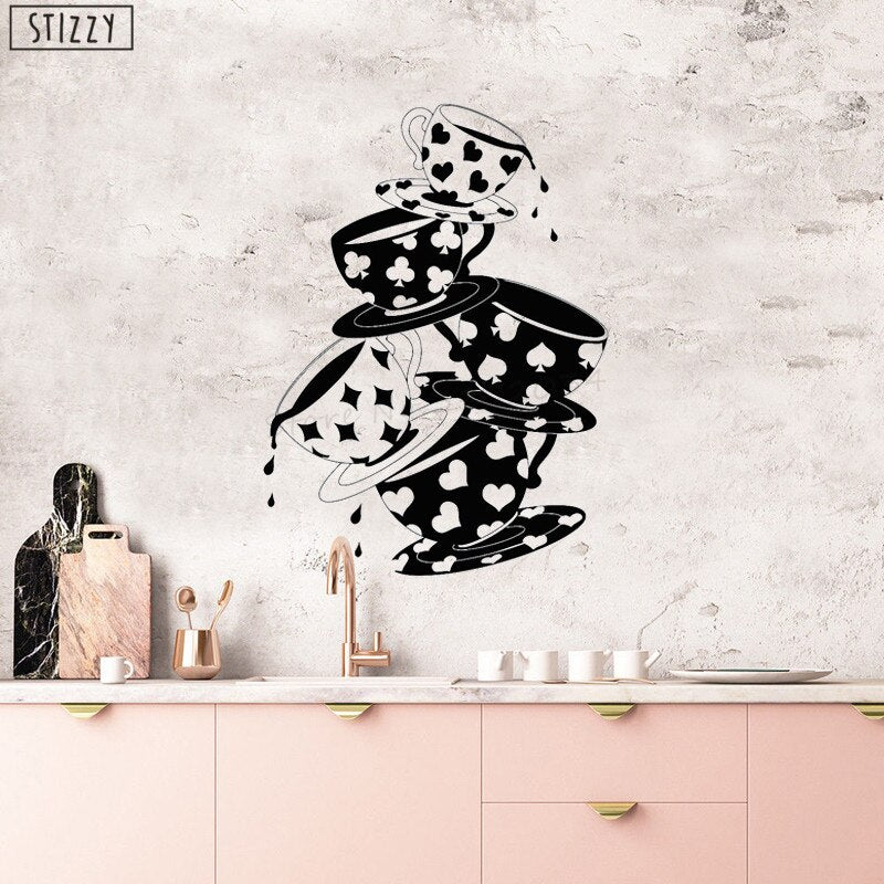 STIZZY Wall Decal Creative Tea Cups Pattern Kitchen Vinyl Wall Stickers Cafe Window Art Mural Coffee