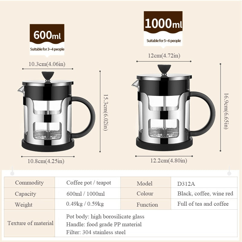 Stainless Steel Portable French Press Coffee Pot Tea Maker Machine Moka With Strainer Filter