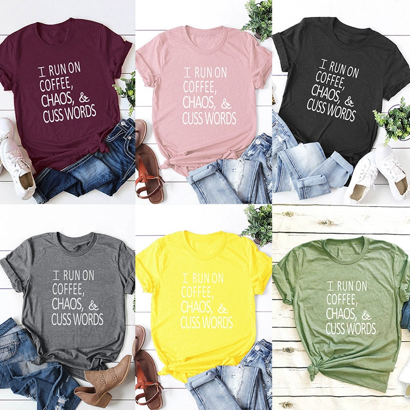 T Shirt Women T-shirt Short Sleeves O Neck Letters Print RUN ON COFFEE CHAOS Plus Size Cotton Tees