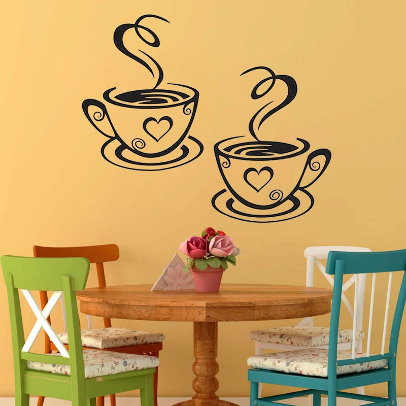 Two coffee cups Kitchen Bar Wall Sticker for living room Restaurant Background Art Decals stickers