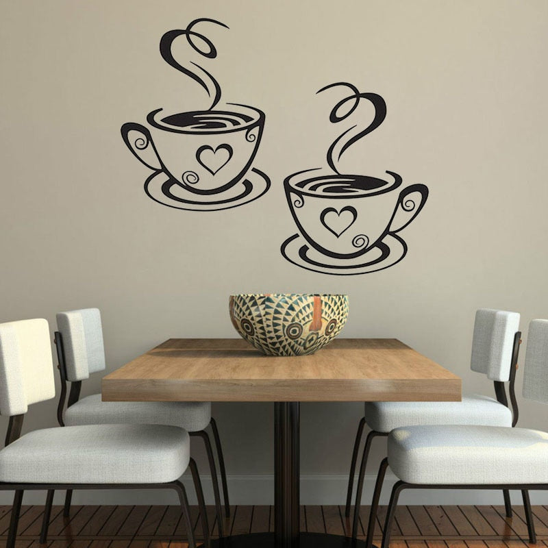 Two coffee cups Kitchen Bar Wall Sticker for living room Restaurant Background Art Decals stickers