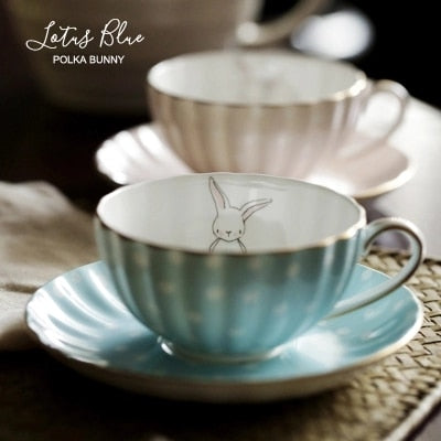 White Dots Little Rabbit Ceramic Bone China Coffee cup Saucer Set 180ml British Style Black Tea Milk