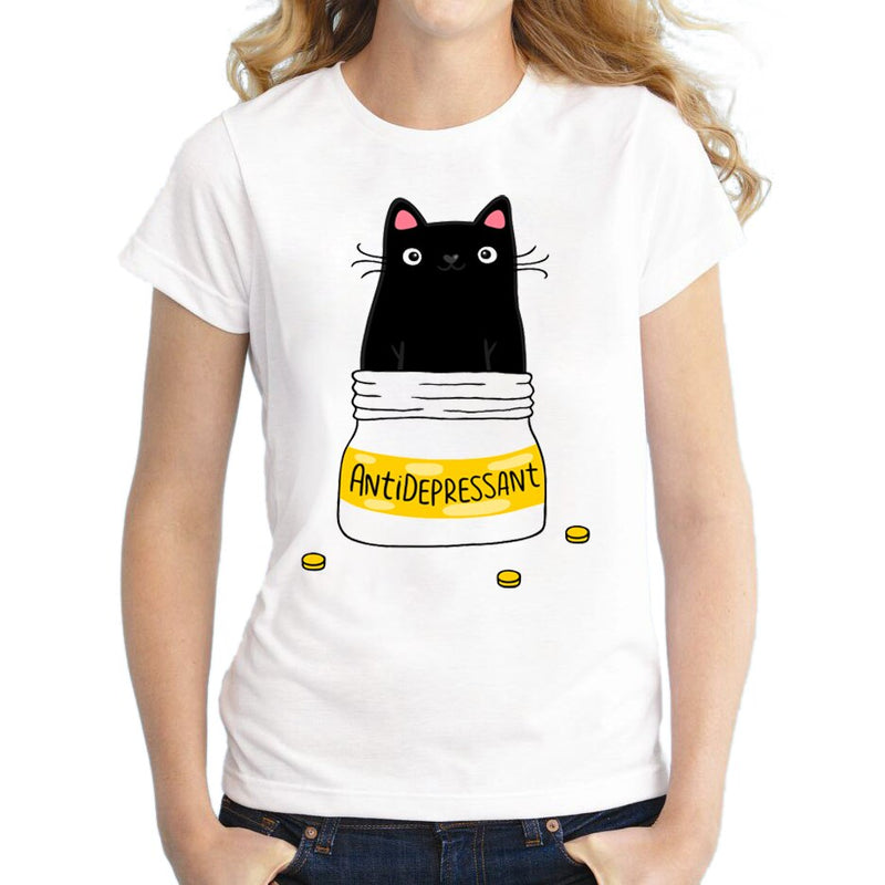 Wholesale Summer doodle coffee cat Shirts Cute Cat T Shirt Women O-neck T-shirt Casual Top Tees Camisa Short Sleeve