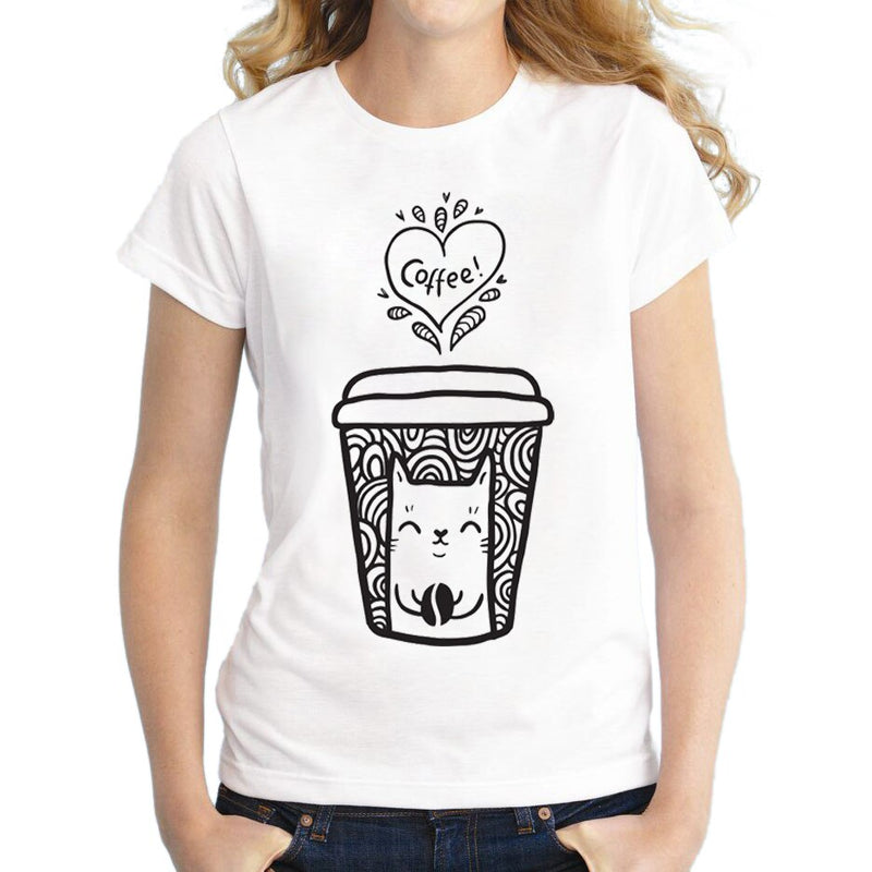 Wholesale Summer doodle coffee cat Shirts Cute Cat T Shirt Women O-neck T-shirt Casual Top Tees Camisa Short Sleeve
