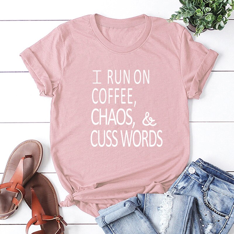 Women Oversized T-shirt Short Sleeves O Neck Letters Print RUN ON COFFEE CHAOS Plus Size Clothing