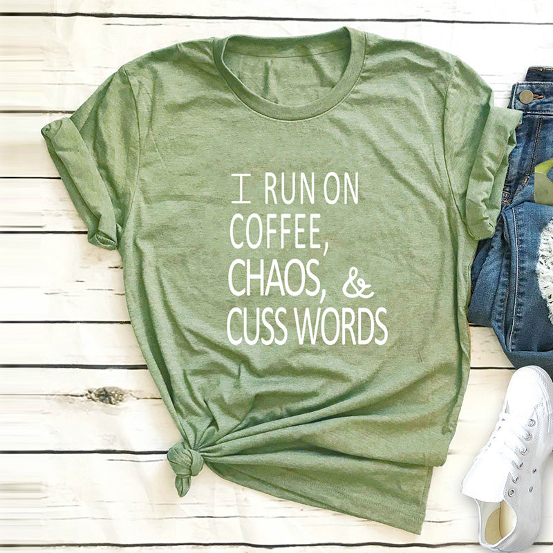 Women Oversized T-shirt Short Sleeves O Neck Letters Print RUN ON COFFEE CHAOS Plus Size Clothing