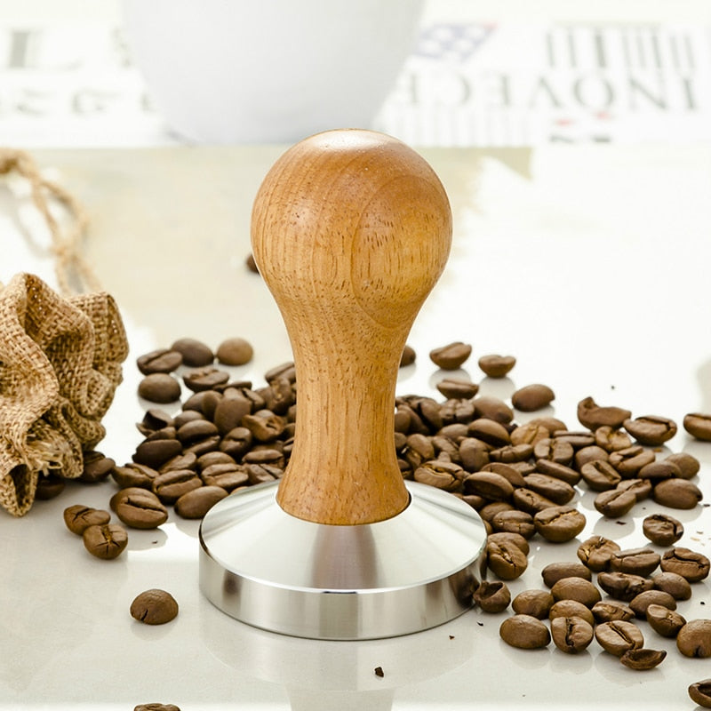 Wooden Coffee Tamper 58mm Barista Espresso Base Coffee Bean Press Stainless Steel Flat Base