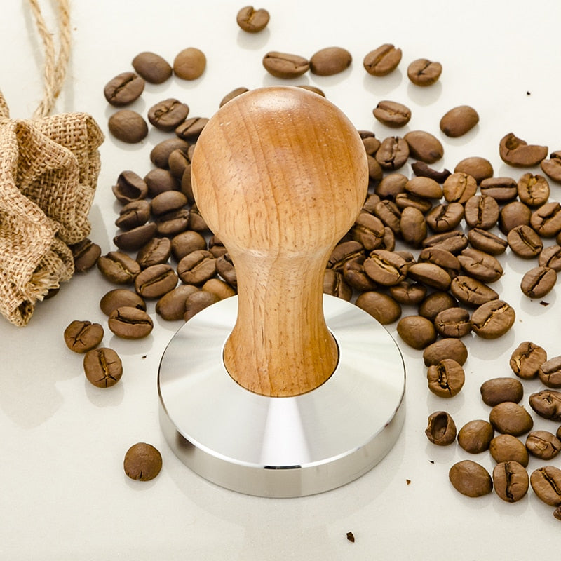 Wooden Coffee Tamper 58mm Barista Espresso Base Coffee Bean Press Stainless Steel Flat Base