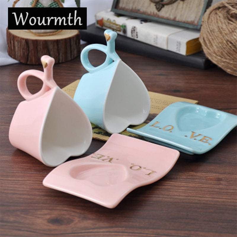 Wourmth Ceramic Cups And Saucers Blue and pink/set  Afternoon tea time Black Tea Set Heart-shaped