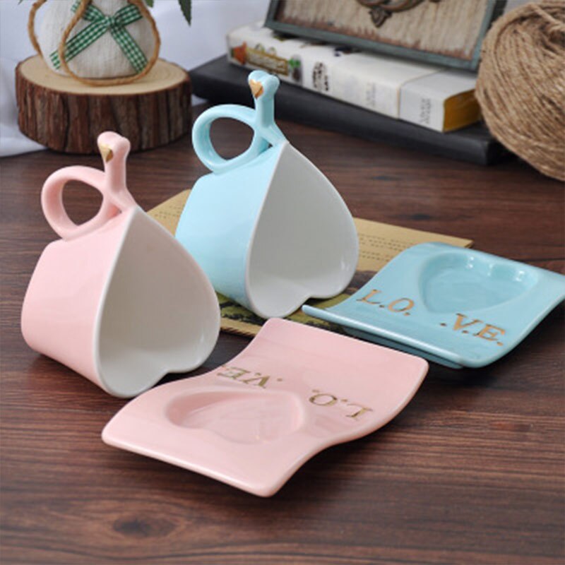 Wourmth Ceramic Cups And Saucers Blue and pink/set  Afternoon tea time Black Tea Set Heart-shaped