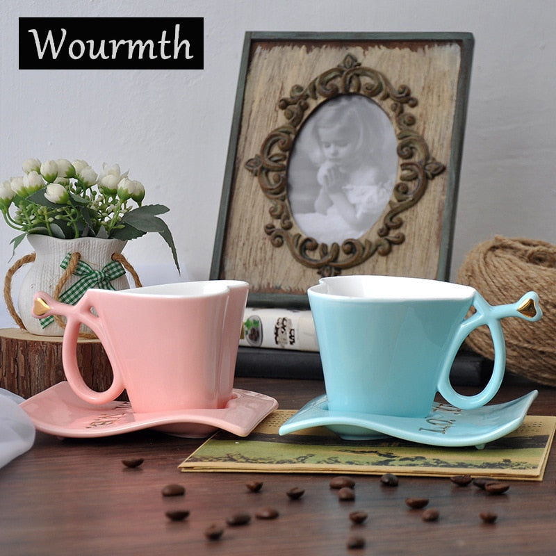 Wourmth Ceramic Cups And Saucers Blue and pink/set  Afternoon tea time Black Tea Set Heart-shaped