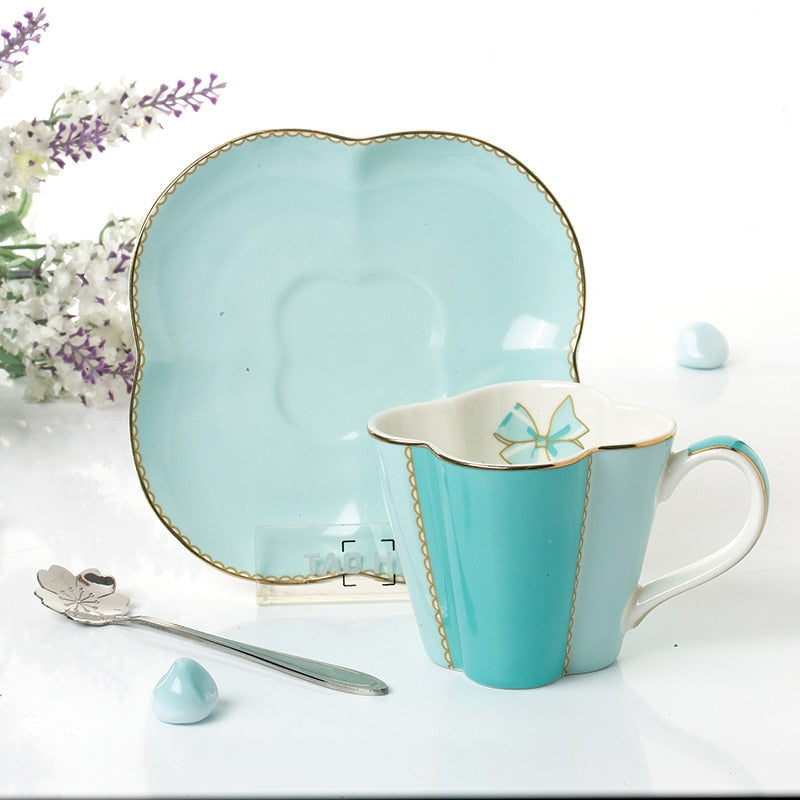 YeFine Ceramic Coffee Cup And Saucer Four Leaf Clover Design Porcelain Tea Cup Set With Stainless