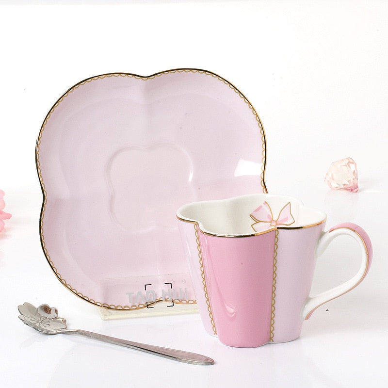 YeFine Ceramic Coffee Cup And Saucer Four Leaf Clover Design Porcelain Tea Cup Set With Stainless