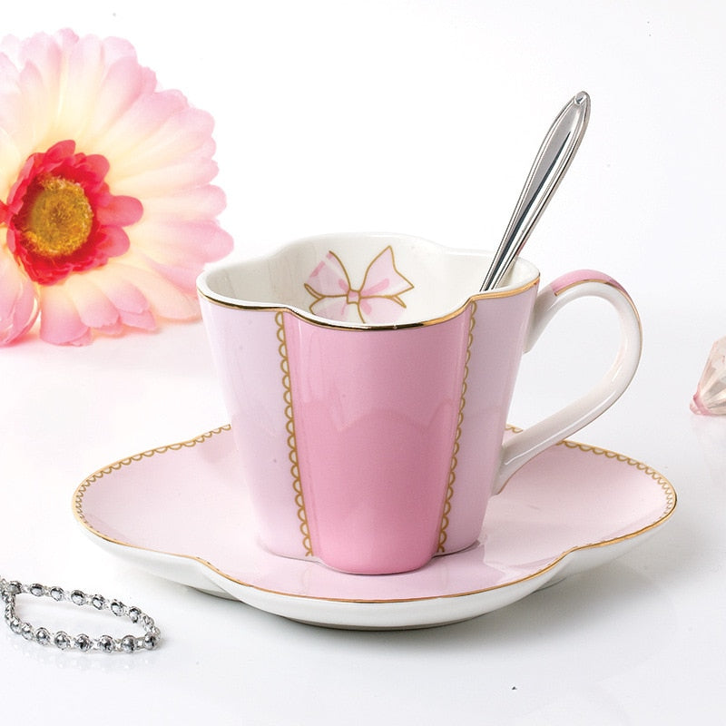 YeFine Ceramic Coffee Cup And Saucer Four Leaf Clover Design Porcelain Tea Cup Set With Stainless